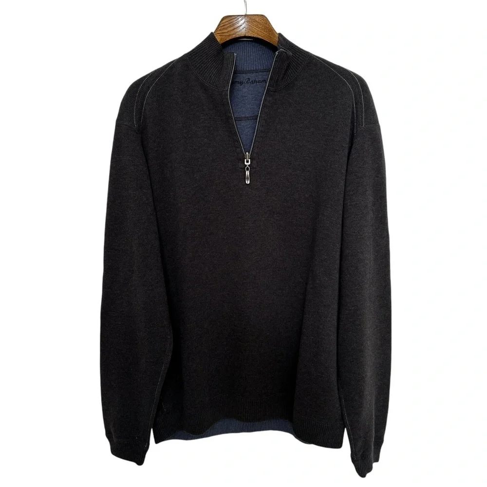TOMMY BAHAMA Men's‎ 1/4 Zip Long Sleeve Sweater in Dark Gray Cotton Size Medium